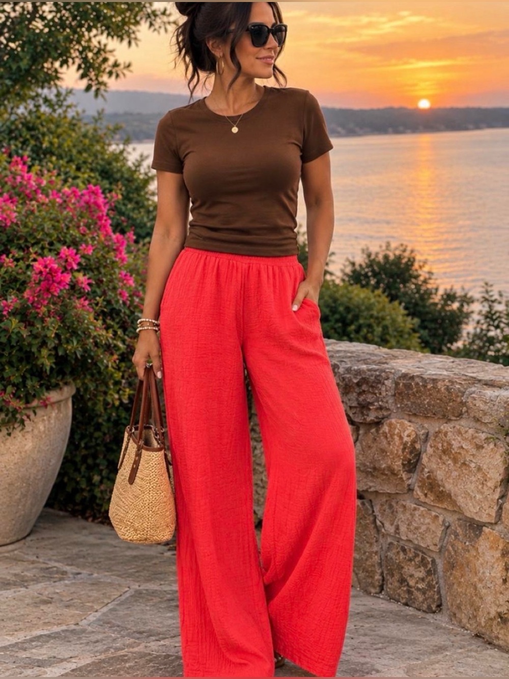 DKNY Jeans Women XL Two Piece Set Pink Cotton Gauze Wide Leg Pants Brown T-Shirt